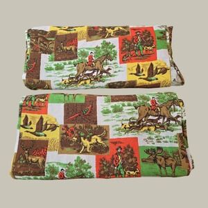 Vintage Hunting Equestrian Twin Size Bedspreads (Set 2) Lodge Cabin Scene